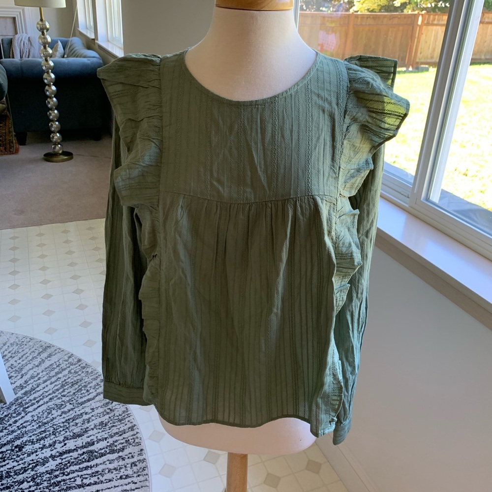 LOFT Olive Green Ruffle Long Sleeve Blouse - Picture 3 of 8